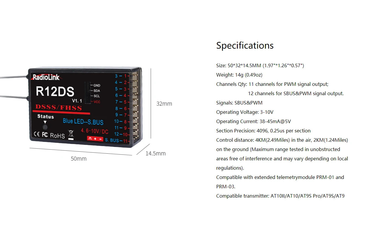 Radiolink mini osd R12DSM R9DS R8FM R8EF R8FM R6DSM R6FG R8SM R7FG SUI04 Rc Receiver 2.4G Signal for RC Transmitter 53 Specifications Size: 50*32*14.5MM (1.97"*1.26"