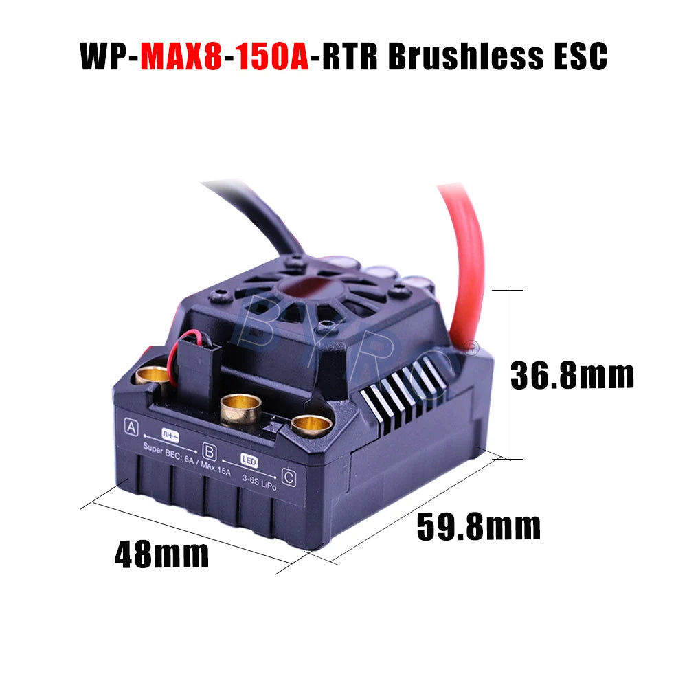 Waterproof brushless ESC with 15A output, compact design for Ready-to-Run RC cars.
