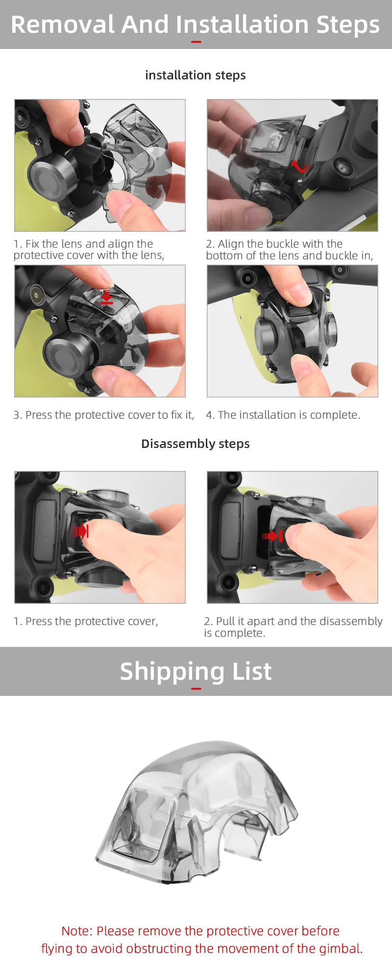 Quick-Release Lens Cap For DJI FPV Combo Drone, remove the protective cover before flying to avoid obstructing the movement of the g