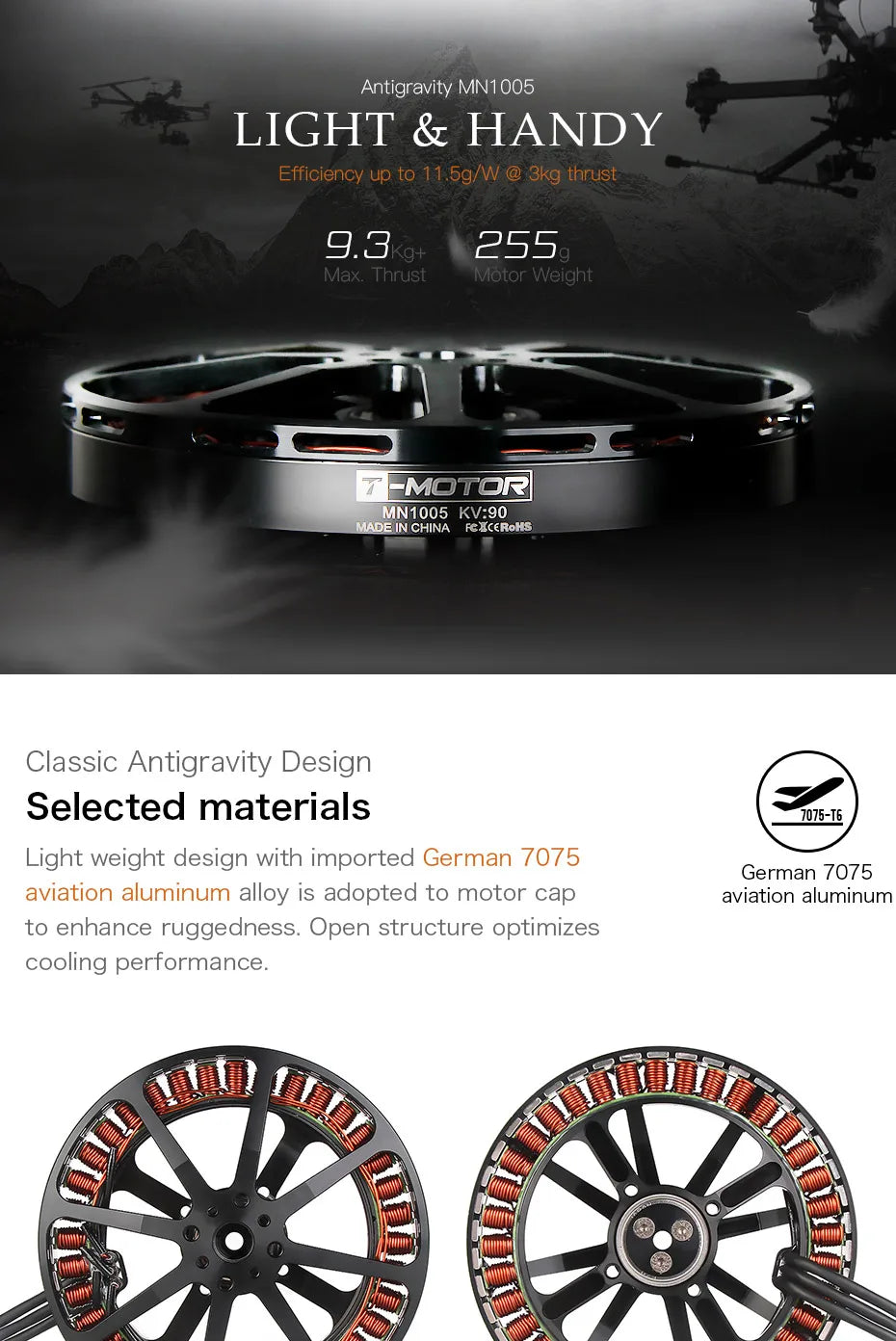 T-MOTOR MN1005 KV90 Motor - Antigravity 9.3KG Thrust 11.5g/W at 3kg Ultralight Aircraft Engine 11 T-MOTOR, MNI0O5 KeOOons MADE INCHINA Classic antigravity design