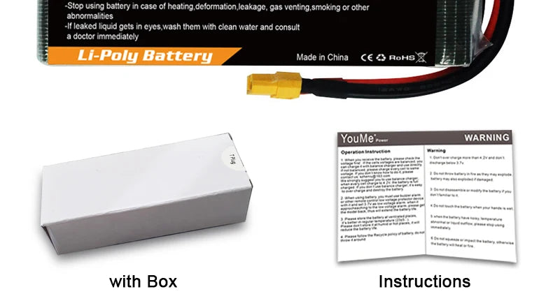 2PCS Youme Lipo 2S 3S 4S 5200mah 6200mah Battery, Li-Poly Battery Made in China ((0 Rohsz YouMe WARN