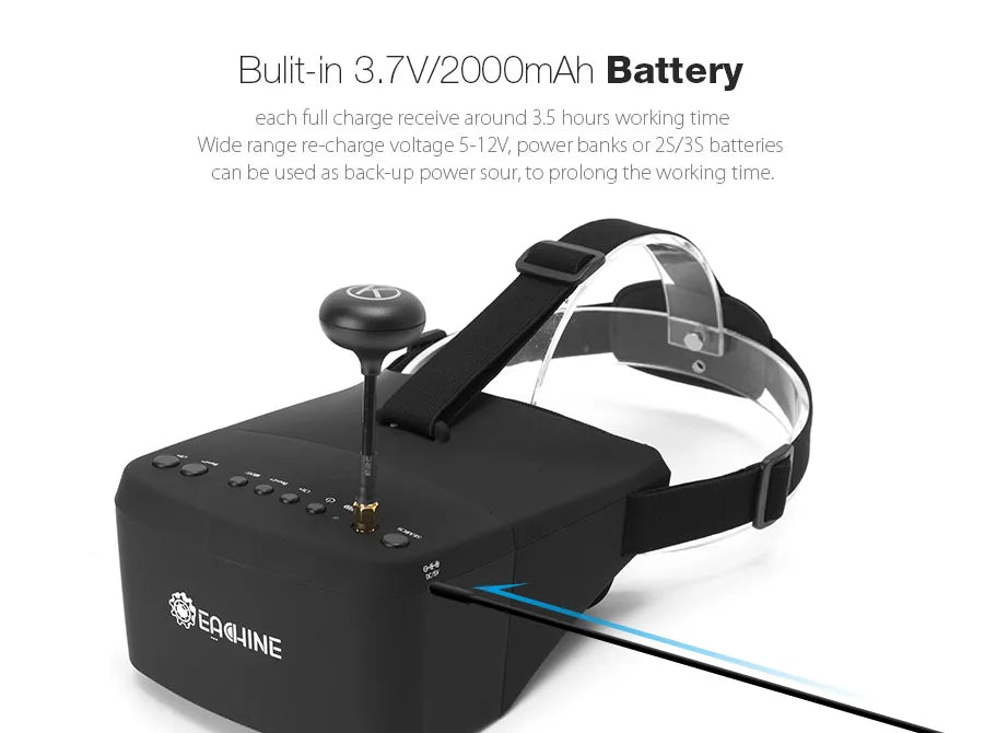 Eachine EV800 5 Inches 800x480 FPV Video Goggles 5.8G 40CH Raceband Auto-Searching Build In Battery 11 each full charge receive around 3.5 hours working time Wide range re-charge voltage 5-12