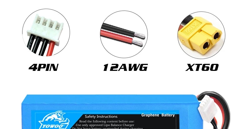 2PCS Yowoo Graphene 2S 3S 4S 6S Lipo Battery, 4PIN 12AWG XT6O Safety Instructions Gralphene Bal