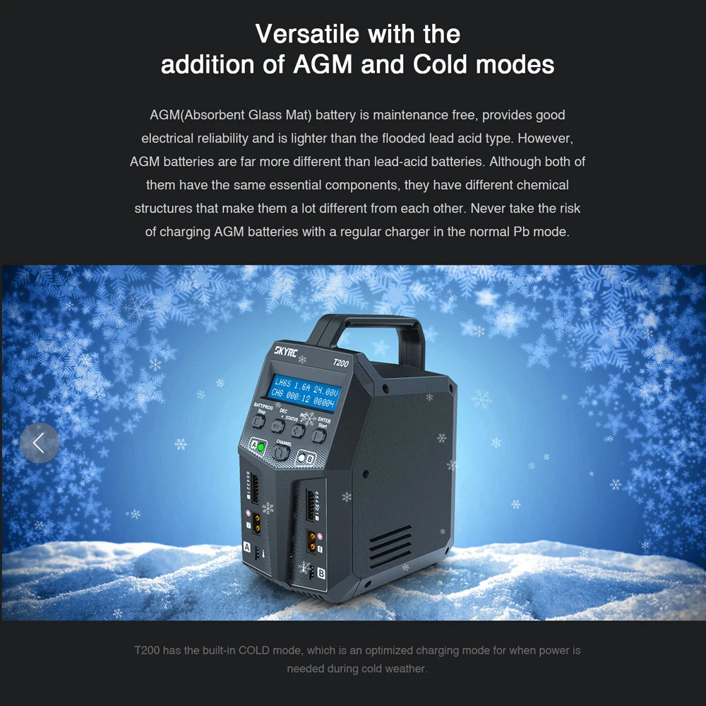SKYRC T200 Dual AC/DC Balance Charger, the skyrc 1200 has the built-in COLD mode, which is an optimized