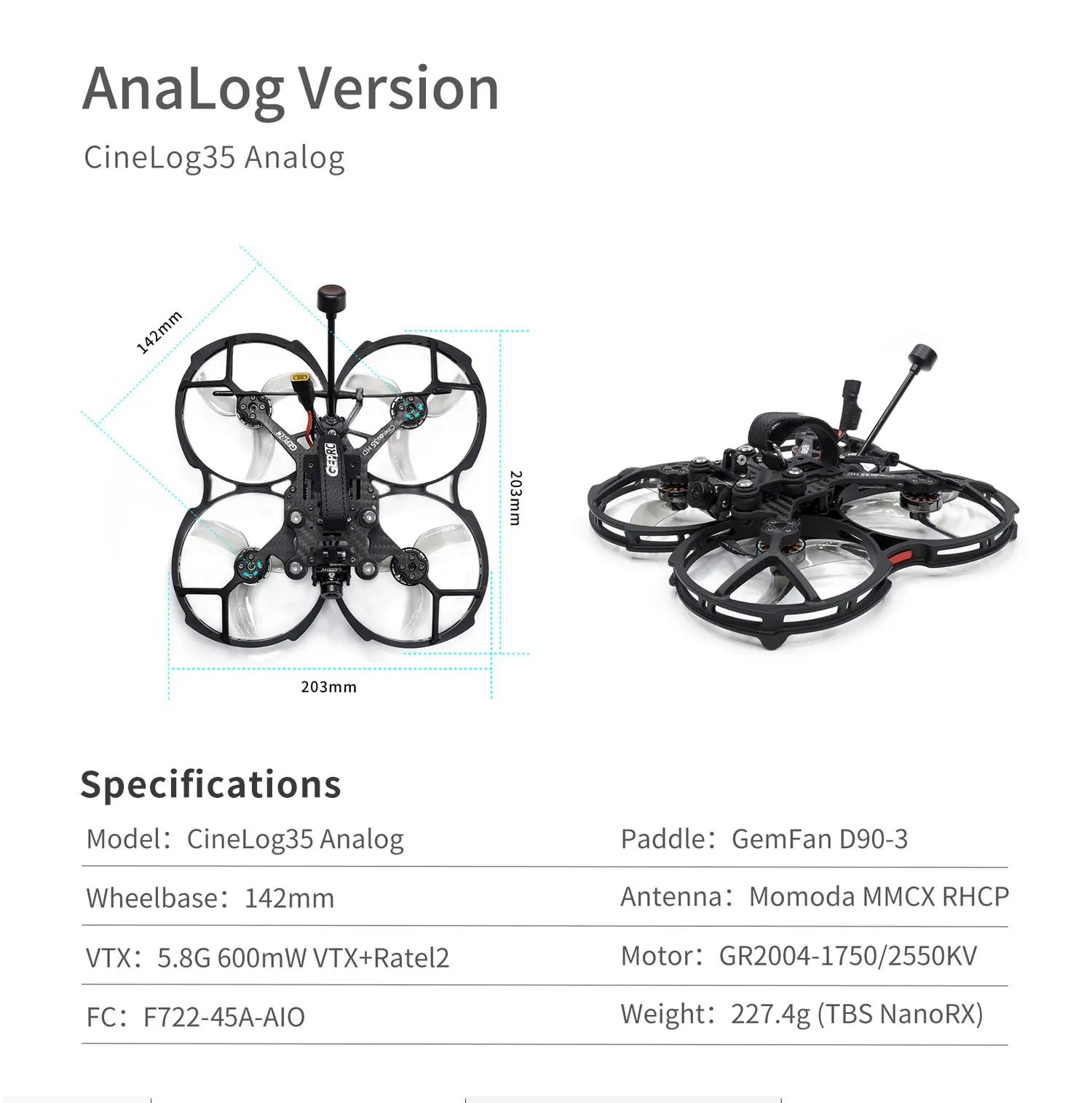 GEPRC CineLog35 FPV Drone - HD WITH Vista Nebula Pro System 4S/6S Cinewhoop GR2004-1750KV / 2550KV For RC FPV Quadcopter Freestyle Drone 20 GEPRC CineLog35 FPV Drone, Analog Version CineLog35 Analog 2 1 203mm Specifications Model: CineLog