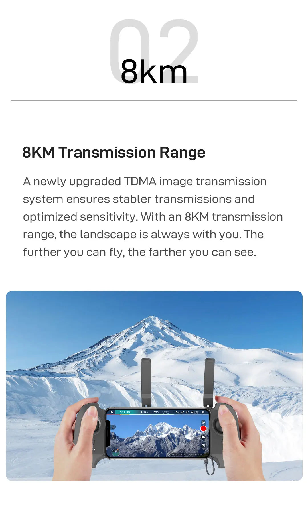 FIMI x8 Mini Drone, 0O 8km 8KM Transmission Range A newly upgraded TDMA image transmission system ensure