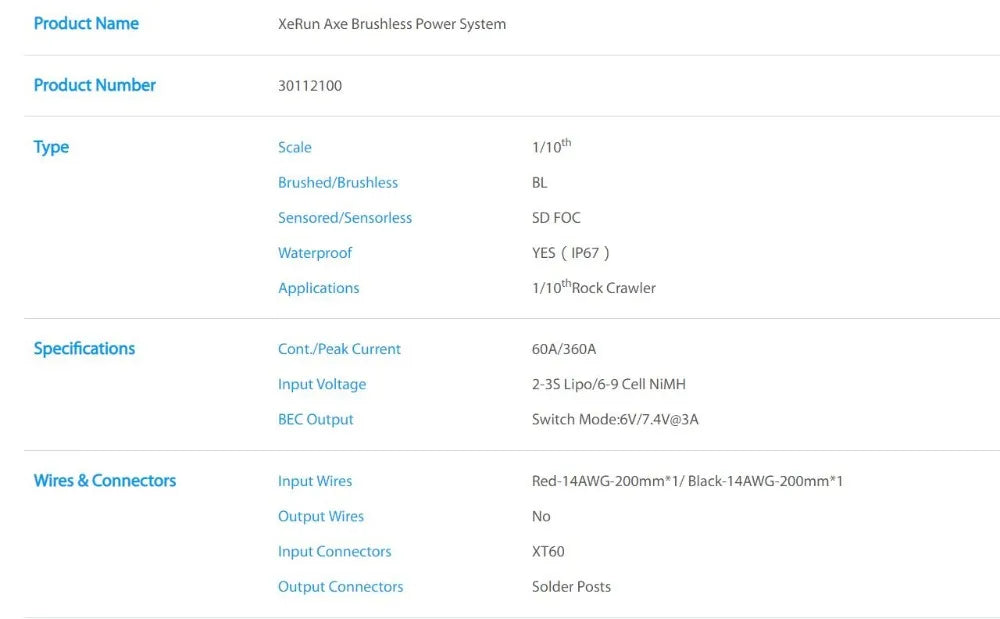 XeRun Axe Brushless Power System Product Number 30112100 Type