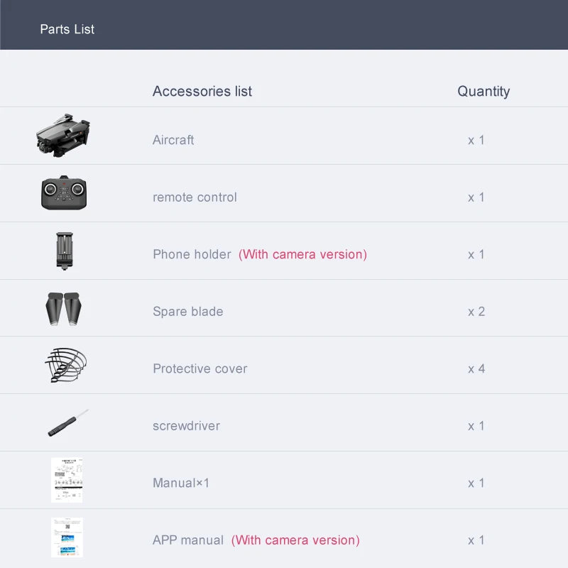 JINHENG XT6 Mini Drone, parts list accessories list quantity aircraft remote control phone holder (with camera