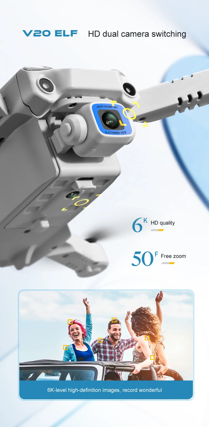 V20 Drone, vzo elf hd dual camera switching jai