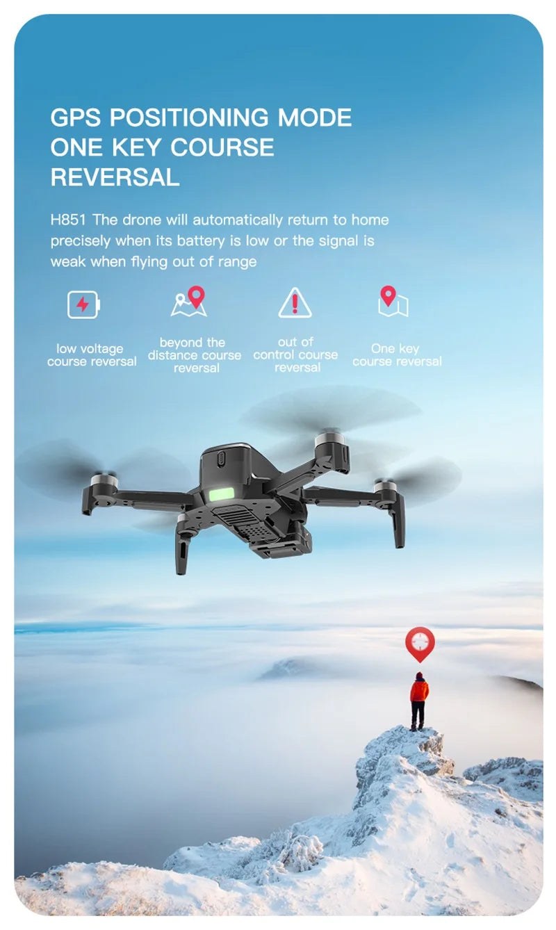 H851 GPS Drone - 4K HD Dual Camera Wifi Fpv 2-Axis RC Helicopter Height Hold Headless Mode Professional Foldable Quadcopter RC Toy Professional Camera Drone 25 H851 GPS Drone, GPS POSITIONING MODE ONE KEY COURSE REVERSAL