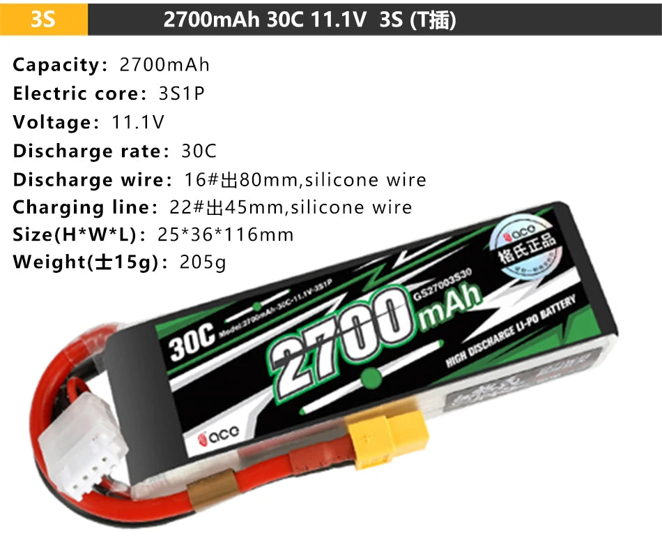 Gens ACE Lipo 3S Lithium Battery, 2700mAh 30C 11.1V 35 (Tiii) Capacity: