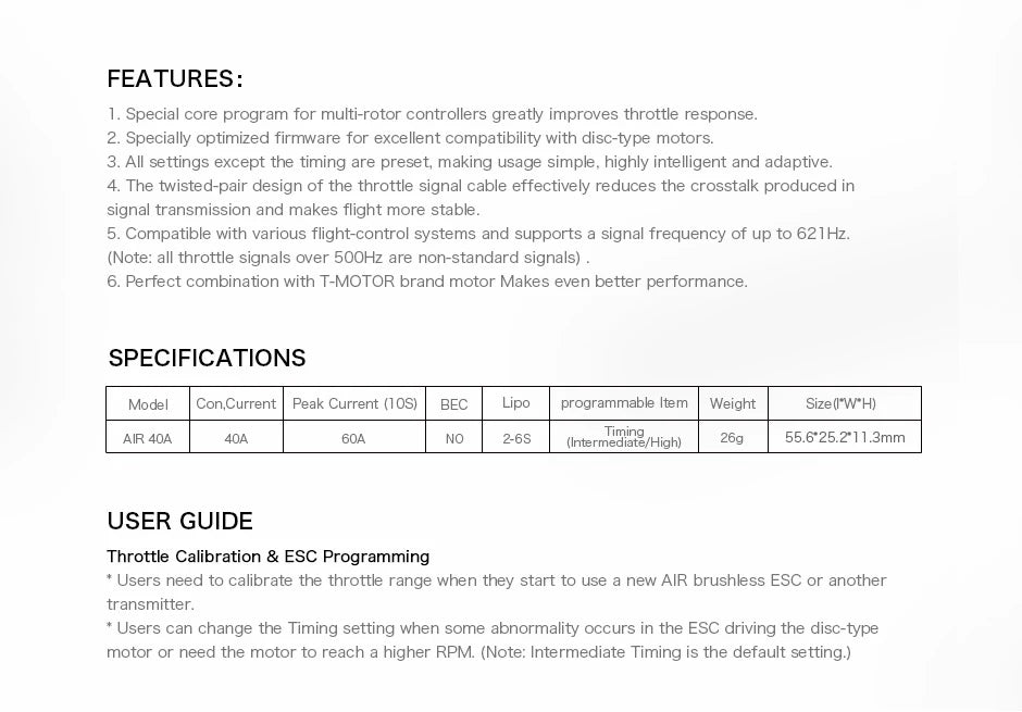 T-MOTOR ESC, the twisted-pair design of the throttle signal cable effectively reduces the crosstalk produced