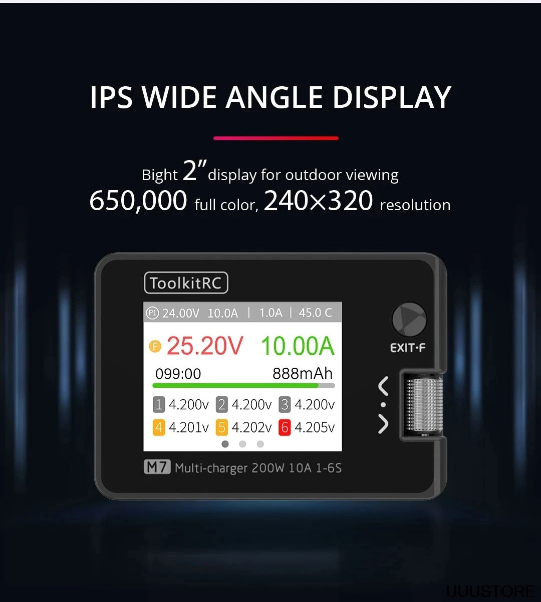 ToolkitRC M7 Charger, IPS WIDE ANGLE DISPLAY Bight 2" display for outdoor viewing