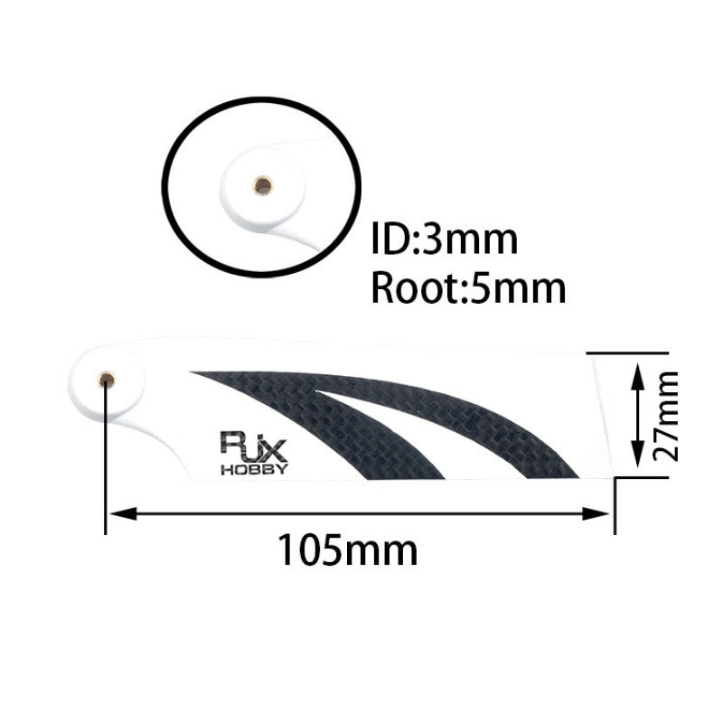 RJXHOBBY 105mm Carbon Fiber Tail Rotor Blades, RJXHOBBY 105mm carbon fiber tail rotor blade with 3mm ID mounting hole, 5mm root, and 27mm width