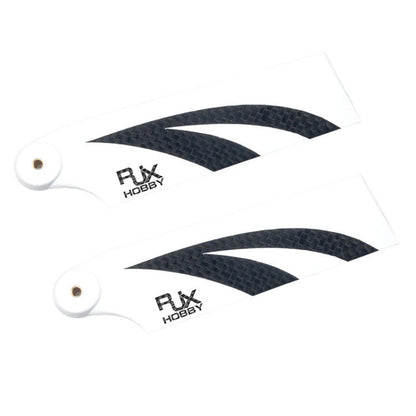 RJXHOBBY 95mm Tail Carbon Fiber Blades, Pair of RJXHOBBY 95mm carbon fiber tail rotor blades with white finish, carbon weave stripe, and brass-bushed root holes