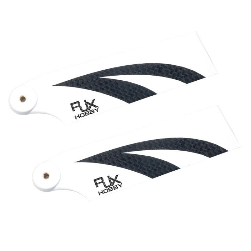 Pair of RJXHOBBY 105mm carbon fiber tail rotor blades with white finish, black weave accents, and brass hub inserts