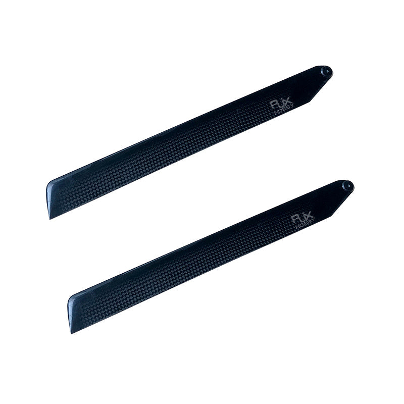 RJXHOBBY 255mm 3K Carbon Fiber Main Blades, Pair of RJXHOBBY 255mm black 3K carbon fiber main helicopter blades with visible weave and mounting holes