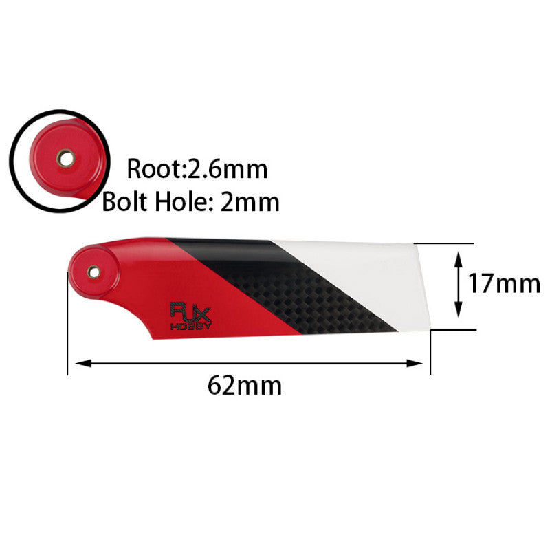 RJXHOBBY 62mm Carbon Fiber Tail Rotor Blades, RJXHOBBY 62mm carbon fiber tail rotor blade with 17mm width, 2.6mm root and 2mm bolt hole