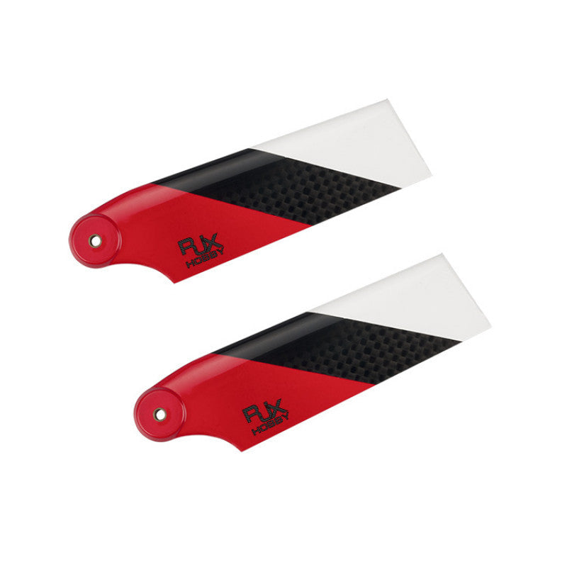 Pair of RJXHOBBY 62mm carbon fiber tail rotor blades in red and black with white tips and mounting holes