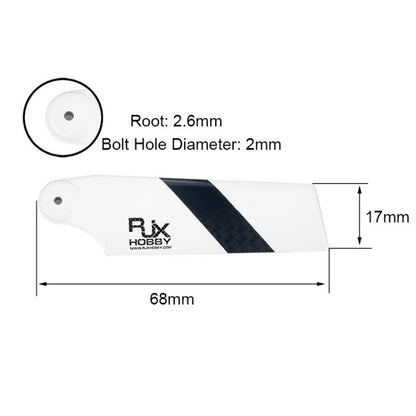 RJXHOBBY 68mm Carbon Fiber Tail Rotor Blades, RJXHOBBY 68mm tail rotor blade with 2.6mm root and 2mm bolt hole, 17mm width, white with black stripe