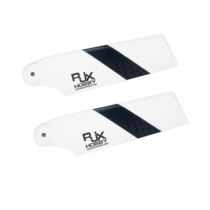 Pair of RJXHOBBY 68mm carbon fiber tail rotor blades in white with black stripe and mounting holes
