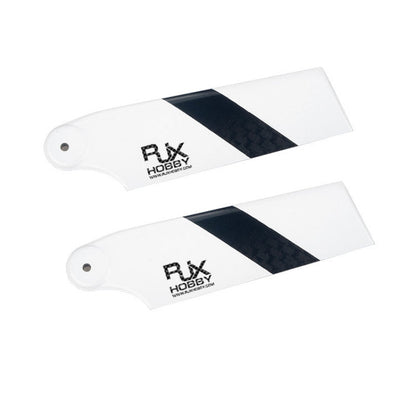 Pair of RJXHOBBY 68mm carbon fiber tail rotor blades in white with black stripe and mounting holes