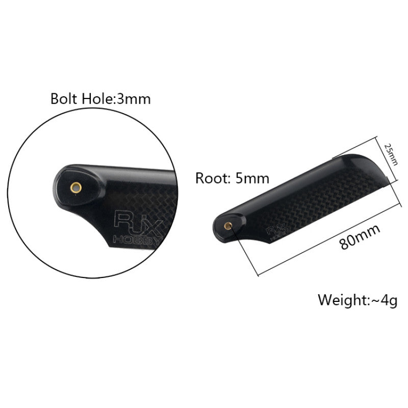 RJXHOBBY 80mm 3K Carbon Fiber Tail Blades, RJXHOBBY 80mm carbon fiber tail blade with 3mm bolt hole, 25mm width, 5mm root and ~4g weight