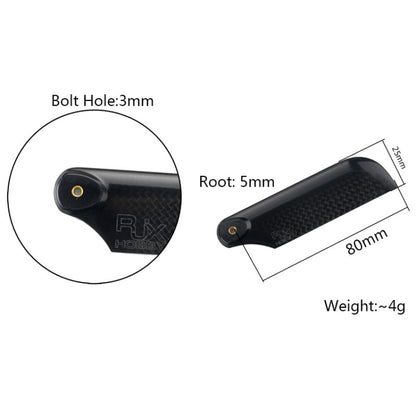 RJXHOBBY 80mm 3K Carbon Fiber Tail Blades, RJXHOBBY 80mm carbon fiber tail blade with 3mm bolt hole, 25mm width, 5mm root and ~4g weight