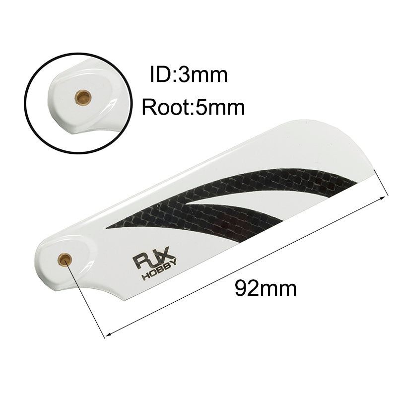 RJXHOBBY 92mm Carbon Fiber Tail Blades, RJXHOBBY 92mm carbon fiber tail blade with 3mm ID and 5mm root mounting hole, white finish