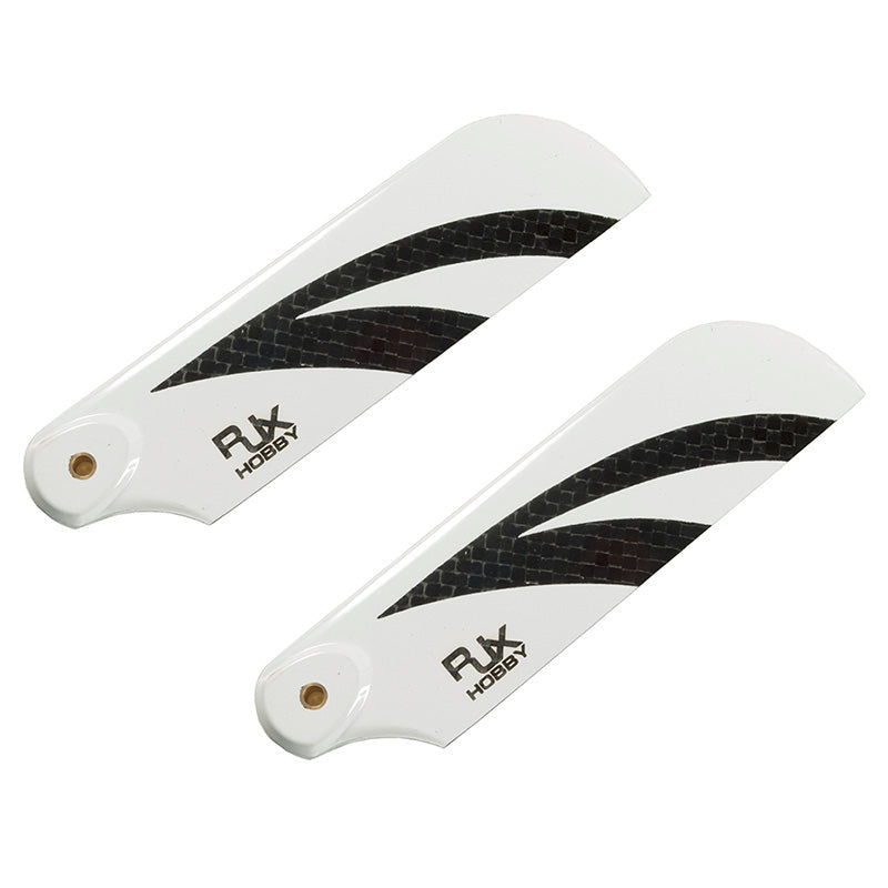 Pair of RJXHOBBY 92mm carbon fiber tail blades in white with black weave stripe and mounting holes