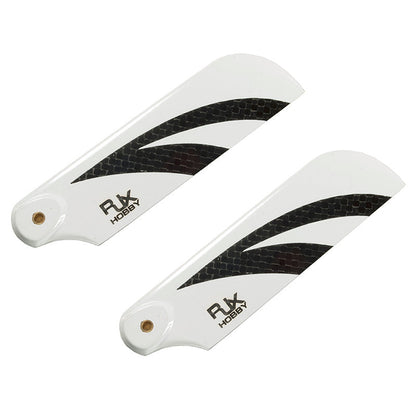 Pair of RJXHOBBY 92mm carbon fiber tail blades in white with black weave stripe and mounting holes