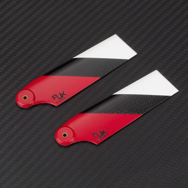 RJXHOBBY Red 95mm Carbon Fiber Tail Blades, Pair of RJX Hobby 95mm carbon fiber helicopter tail blades in red, black, and white with mounting holes
