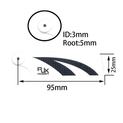 RJXHOBBY 95mm Tail Carbon Fiber Blades, RJXHOBBY 95mm carbon fiber tail blade with 3mm ID bolt hole, 5mm root, and 25mm width markings