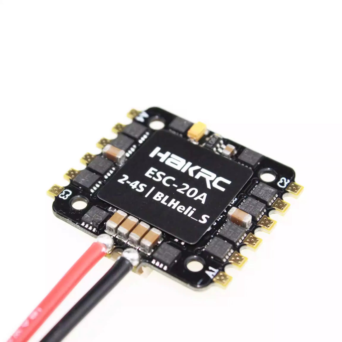 HAKRC 20A 4-in-1 Mini ESC, BLHeli_S firmware, supports 2-4S LiPo, with 20A continuous/25A burst current, DShot ready, compact design.