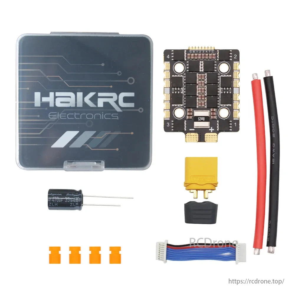 HAKRC BLHeli_32 3220 65A 4-in-1 ESC kit for FPV drones, with board, cables, and accessories.