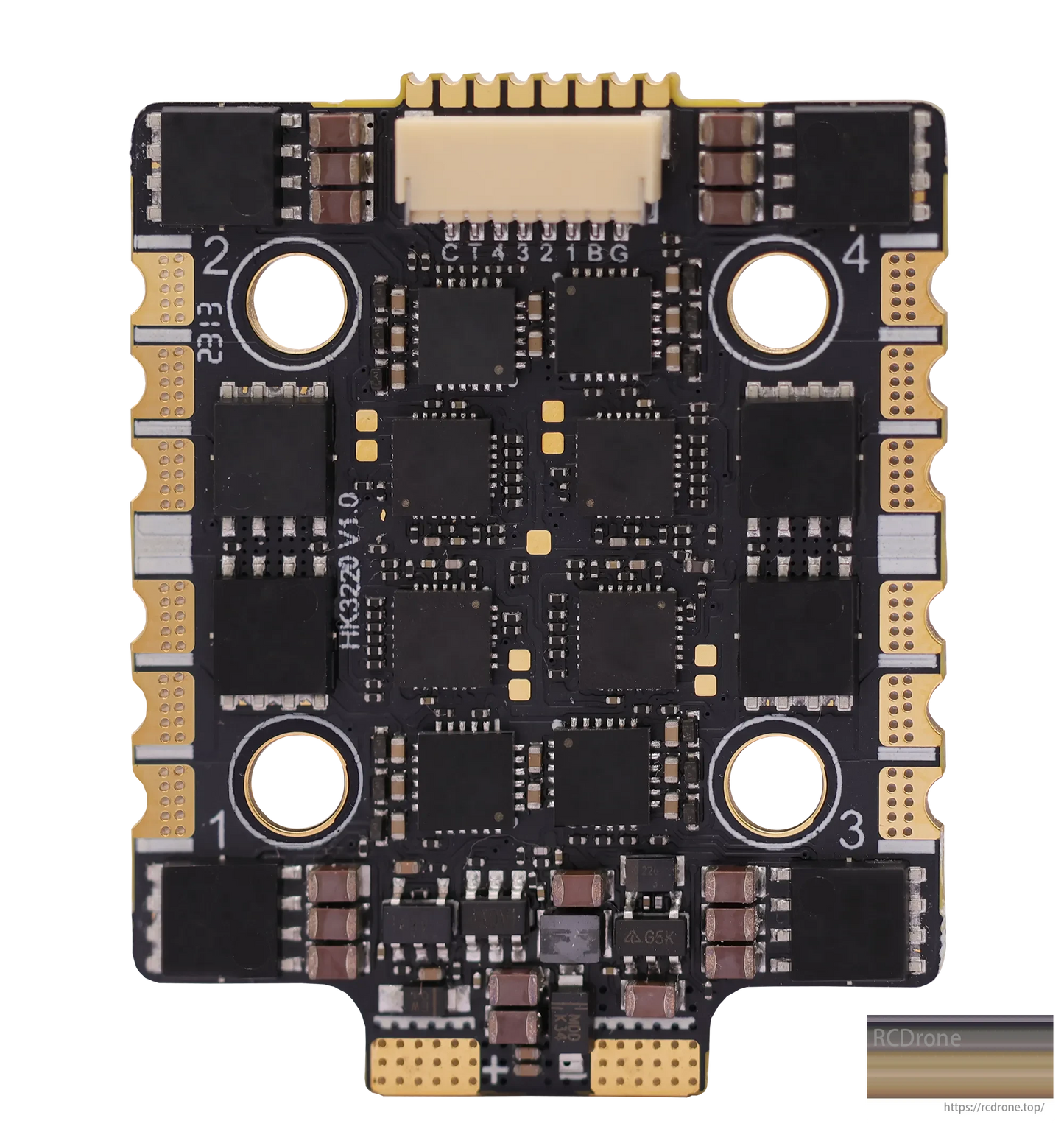 HAKRC BLHeli_32 3220 65A 4-in-1 ESC for FPV drones, with CT4321BG chip and labeled connectors, supports 2S–8S.