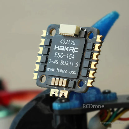 HAKRC BLS 15A 4-in-1 ESC, HAKRC ESC-15A 4-in-1 for FPV drone supports 2-4S LiPo, DShot600, BLHeli_S firmware, and measures 20x20mm.
