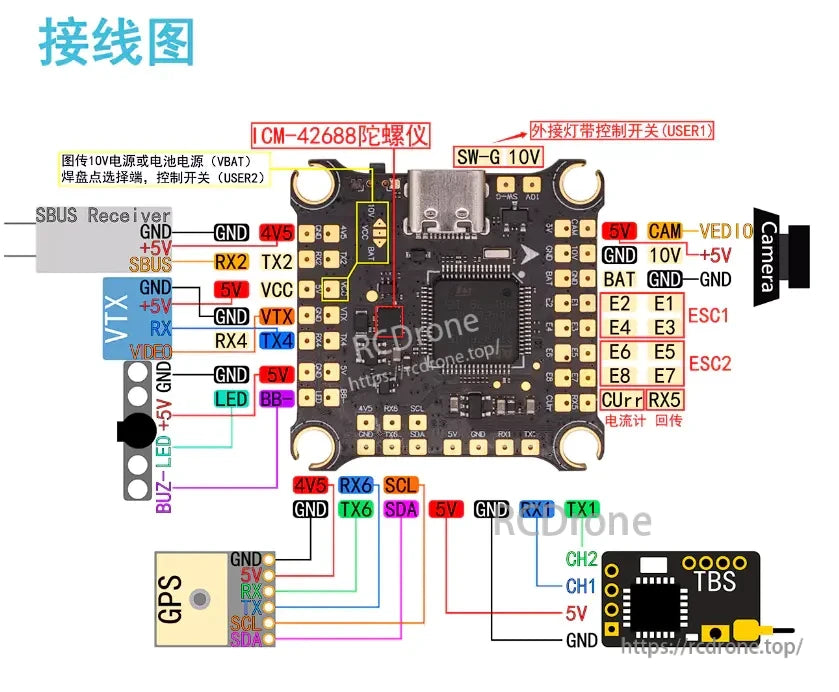 HAKRC F405V2 flight controller pad layout and wiring guide for 30.5x30.5 stack with 50A 4-in-1 ESC