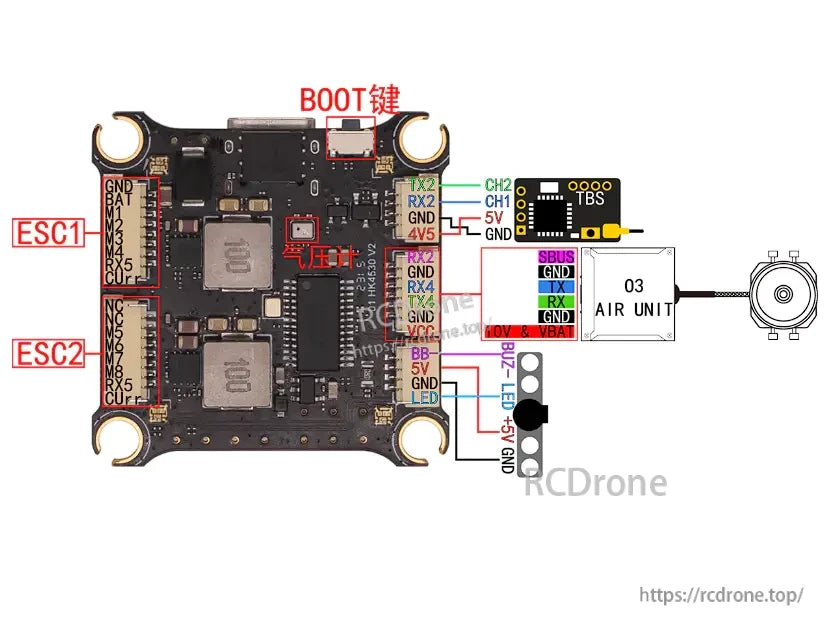 F405V2 FC wiring example with BOOT button location, ESC1/ESC2 motor outputs, and Air Unit/receiver connections