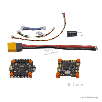 HAKRC F405V2 stack kit contents: FC and 4-in-1 ESC, wiring harnesses, XT60 lead, capacitor