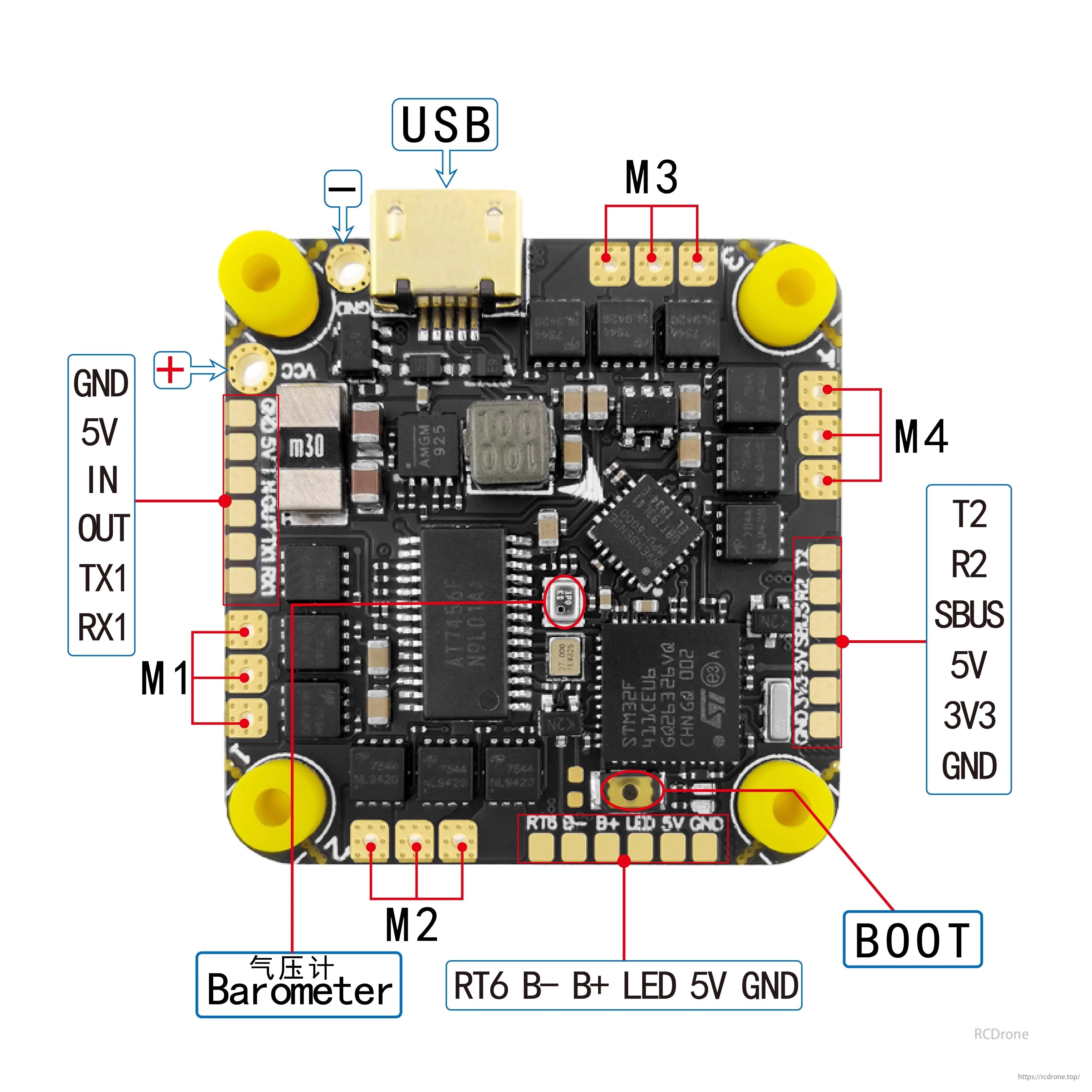HAKRC F411 AIO Flight Controller provides USB, motor outputs (M1-M4), barometer, BOOT button, and versatile connectivity for reliable drone flight control.