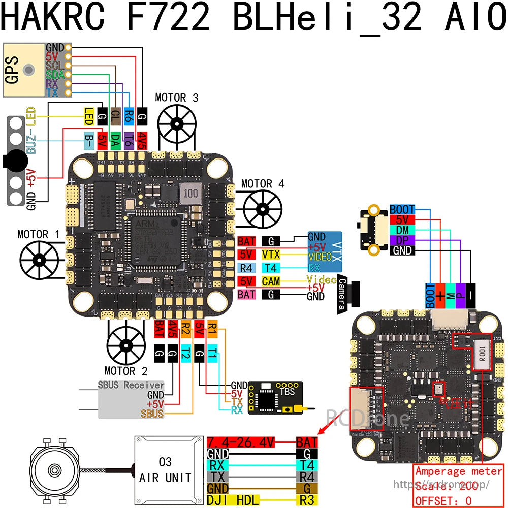HAKRC F722 BLHeli_32 45A AIO Flight Controller, HAKRC F722 BLHeli_32 AIO Flight Controller diagram with GPS, motors, LED, buzzer, battery, VTX, camera, SBUS receiver, and air unit connections for setup.