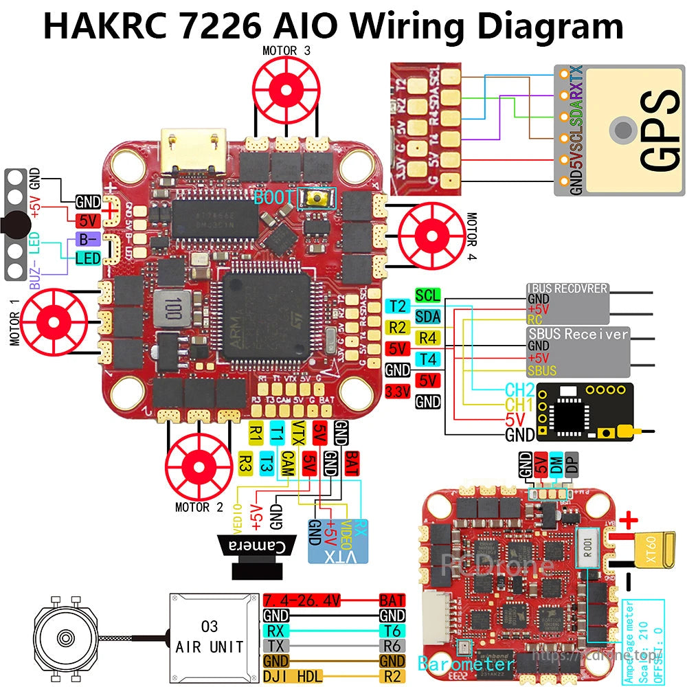 HAKRC F7226 40A AIO Flight Controller, HAKRC 7226 AIO Wiring Diagram shows motor, GPS, SBUS receiver, camera, air unit, and barometer connections, including power, signal, and ground links for flight control.