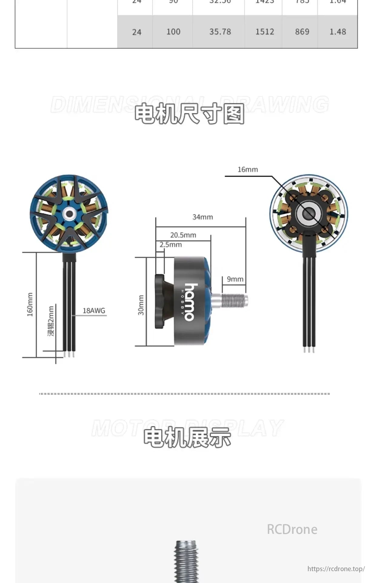 HAMO HOBBY 2407 1750KV 6S Brushless Motor is 30mm long, 34mm in diameter, with 18AWG wires (160mm long) and a 16mm shaft.