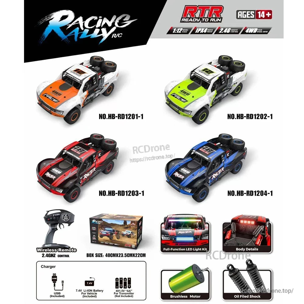 HB RC Car, 1:12 scale 4WD brushless RC car with 2.4GHz remote, oil shocks, LED lights, 7.4V battery, USB charger. For ages 14+. Box: 40x23.5x22cm.