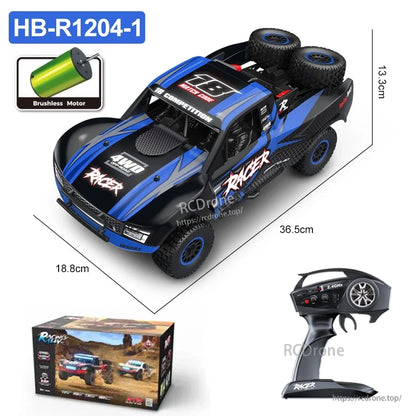 HB RC Car, HB-R1204-1 1:12 scale 4WD brushless RC car, 2.4G RTR, reaches 45km/h, IPX4 waterproof, LED lights, oil-filled shocks, 36.5cm long.