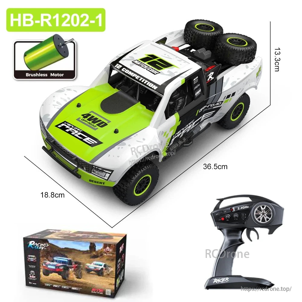 HB RC Car, HB-R1202-1 1:12 scale 4WD RC truck with brushless motor, 2.4G control, 45km/h speed, LED lights, oil-filled shocks, IPX4 waterproofing, and 36.5cm length.