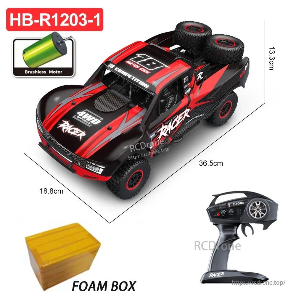 HB RC Car, HB-R1203-1 1:12 scale 4WD brushless RC car with 2.4G control, 45KM/H speed, IPX4 waterproofing, LED lights, oil-filled shocks, and foam box—ready-to-run.