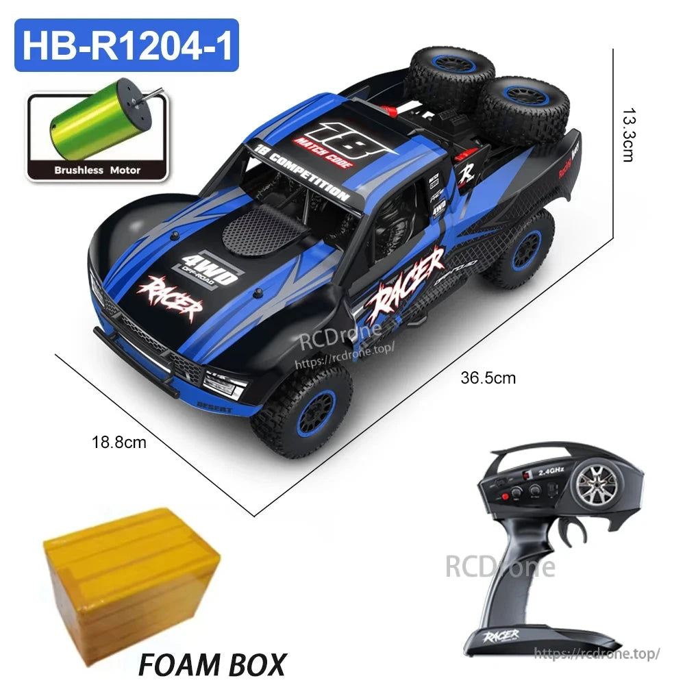 HB RC Car, HB-R1204-1 1:12 scale 4WD brushless RC car with 2.4G control, 45km/h speed, IPX4 waterproofing, LED lights, oil-filled shocks, and foam box—ready-to-run.