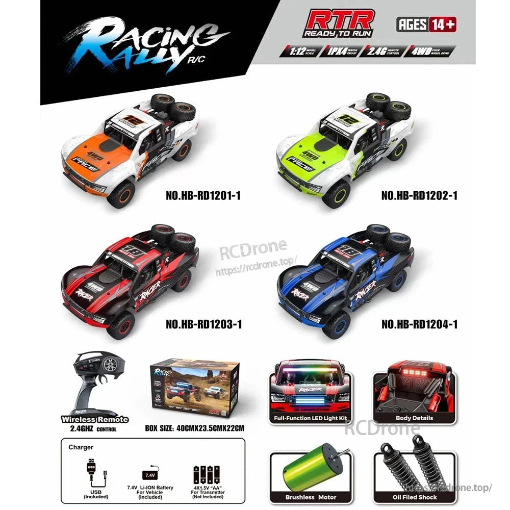 HB RC Car, 1:12 scale 4WD brushless RC car with 2.4G RTR, IPX4 rating, 45KM/H speed, LED lights, oil shocks, USB charger, and 7.4V battery included.